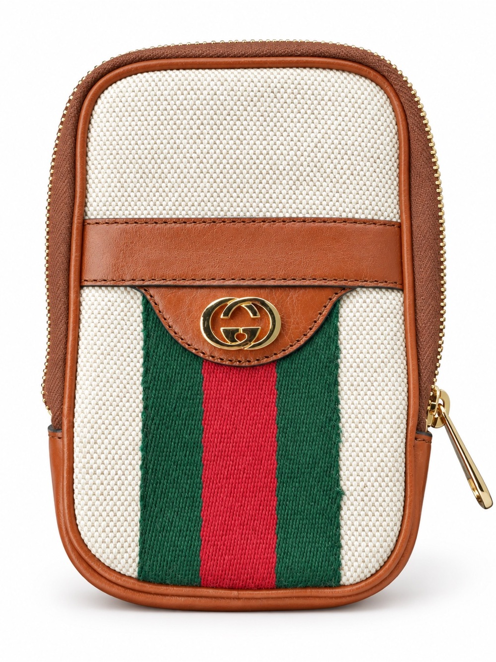 Gucci Phone Pouch in Classic Web Canvas with Brown Leather trim